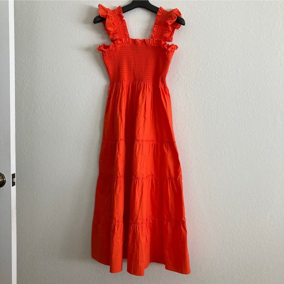 Quince Dresses & Skirts - Quince Organic Cotton Orange Red Ruffle Shoulder Smocked Tiered Midi Dress Sz L